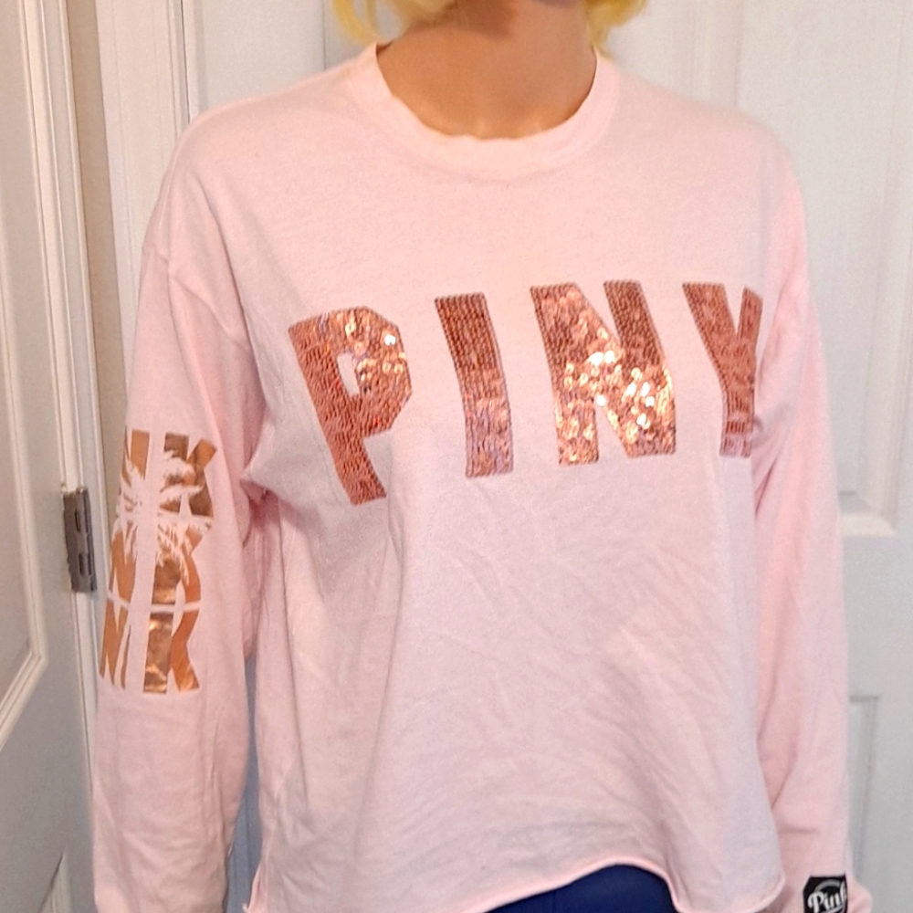 Victoria's Secret Pink Sequined Long-Sleeved Cropped T-Shirt w/Palm Tree graphic